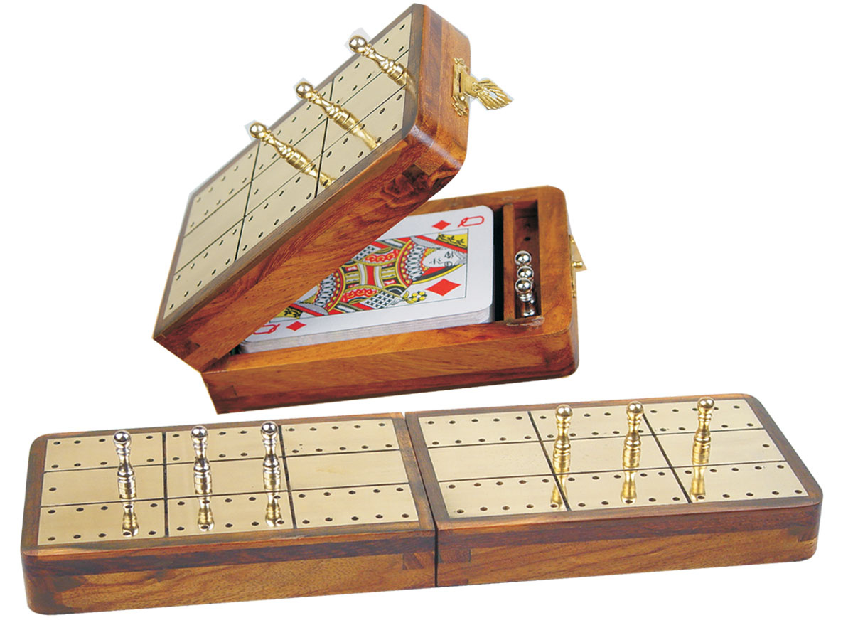 Royal Folding Cribbage Board & Box in Golden Rosewood / Brass 10" - 2 Tracks