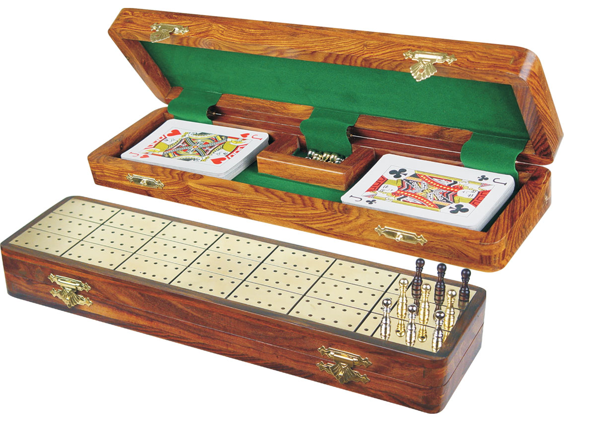 Royal Cribbage Board & Box in Golden Rosewood / Brass 12" - 3 Tracks