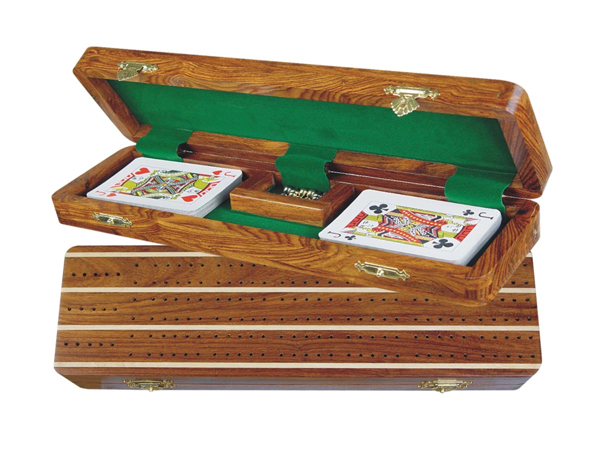Supreme Cribbage Board & Box in Golden Rosewood / Maple 12" - 3 Tracks