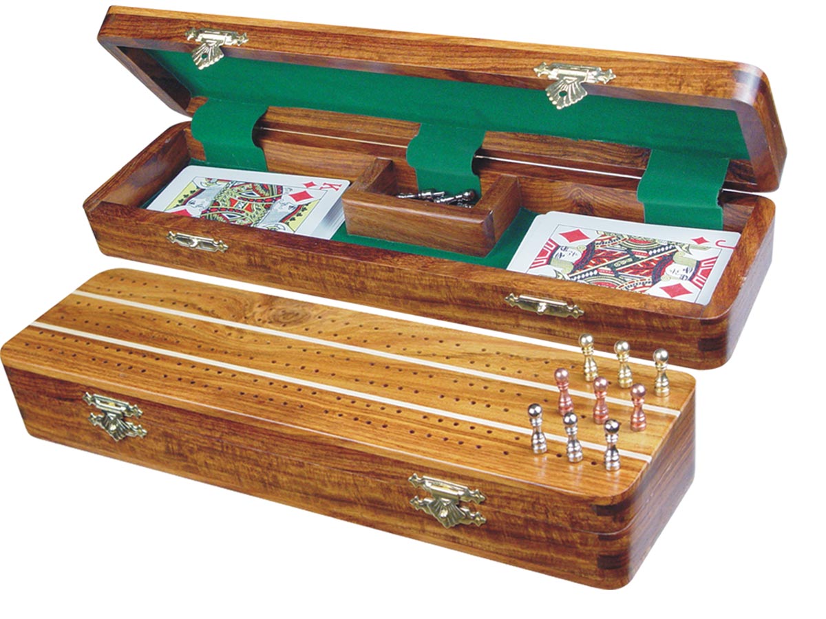 Sovereign Cribbage Board & Box in Golden Rosewood / Maple 12" - 3 Tracks