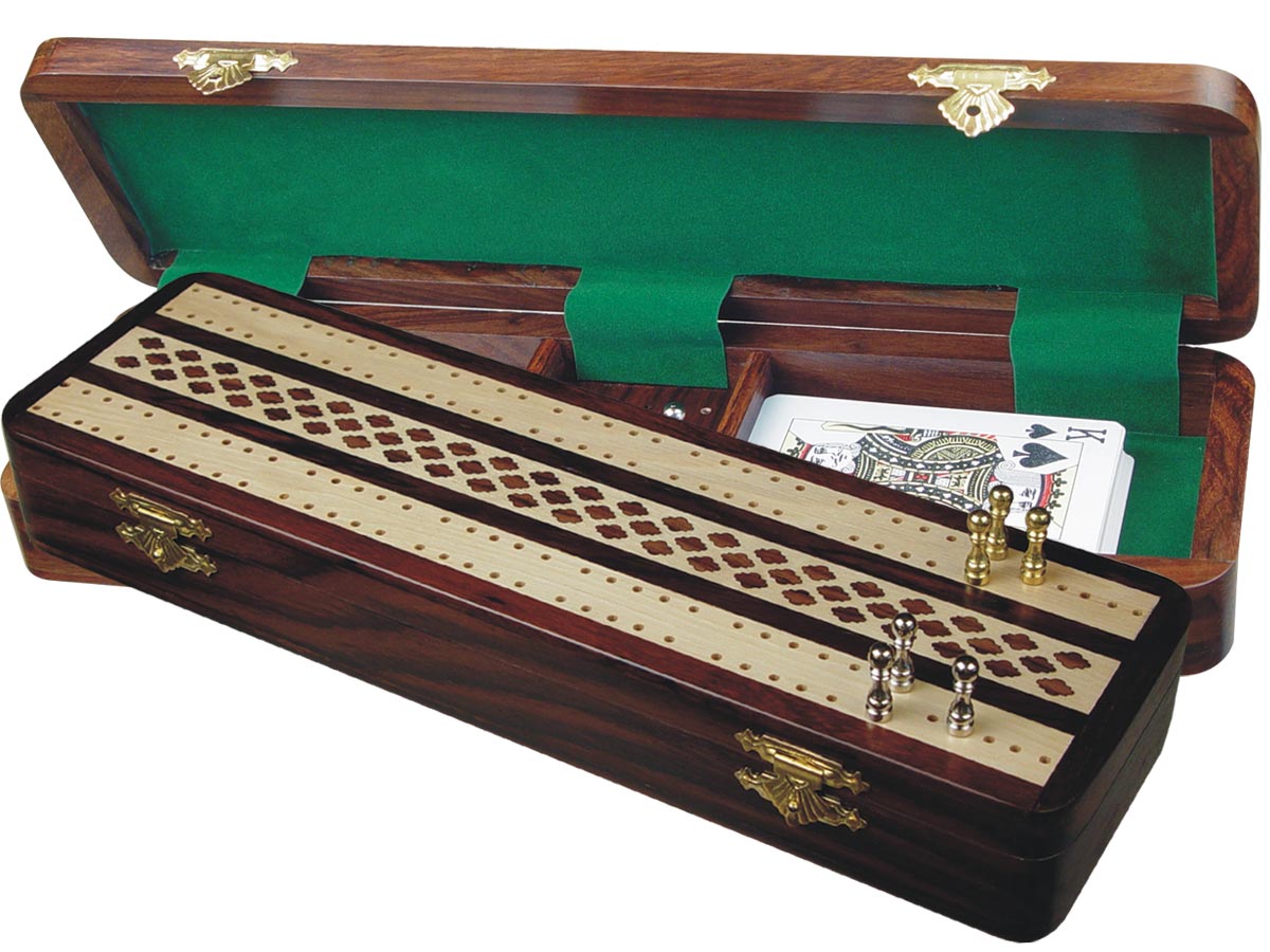 Unique Cribbage Board & Box in Rosewood / Maple 12" - 2 Tracks