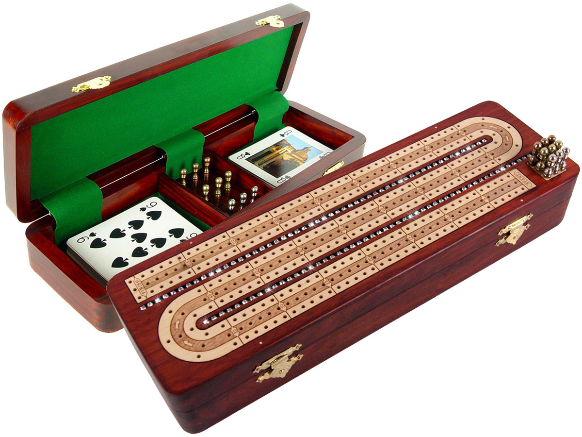 Continuous Cribbage Board Studded with Crystals Similar to Diamonds on Bloodwood Box inlaid with Maple - 3 Track