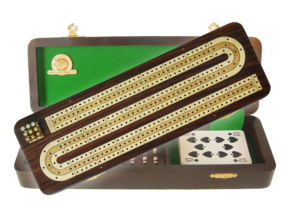 Continuous Cribbage Board / Box Inlaid in Rosewood / White Maple 12" - 3 Tracks