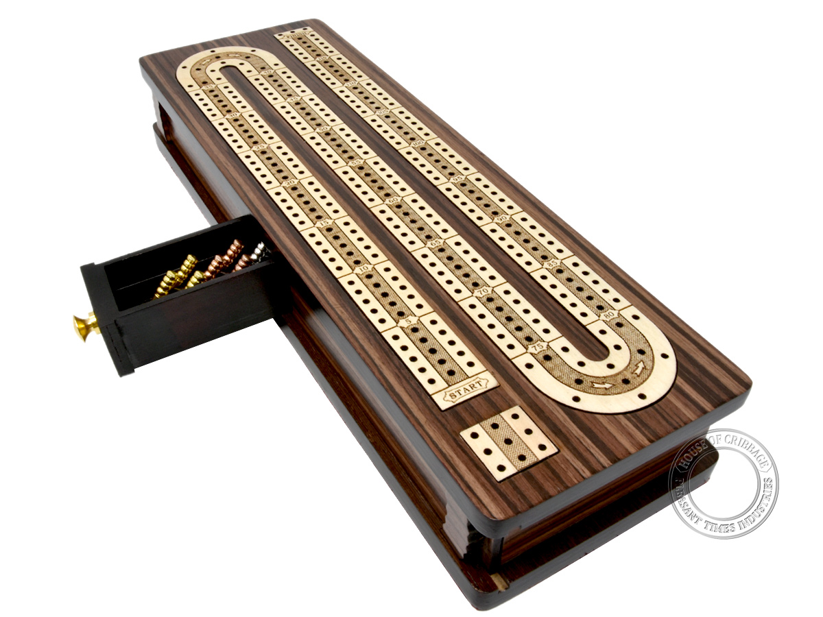 Continuous Cribbage Board / Box inlaid in Rosewood / Maple 12" - 3 Tracks : Sliding Lid : Drawer