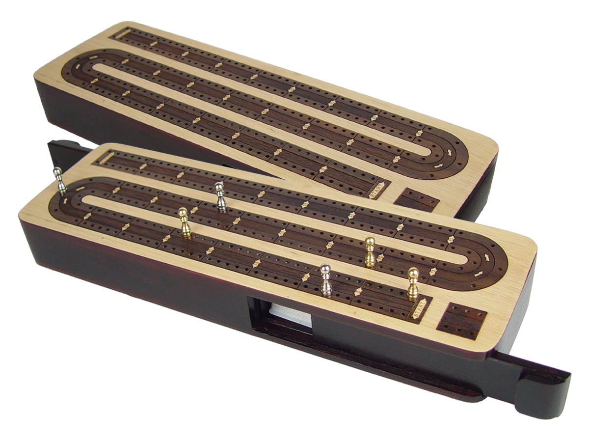 Continuous Cribbage Board in Maple / Rosewood : 2 Tracks :: 12" Sliding Lid