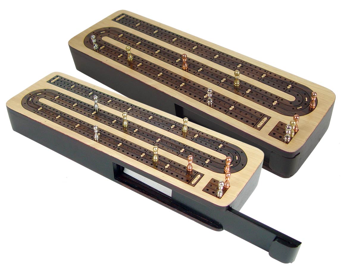 Continuous Cribbage Board / Box inlaid in White Maple / Rosewood 12" - 3 Tracks : Sliding Lid
