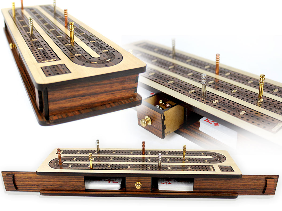 Continuous Cribbage Board / Box inlaid Rosewood 3 Tracks on Maple Board 12" : Sliding Lid : Drawer