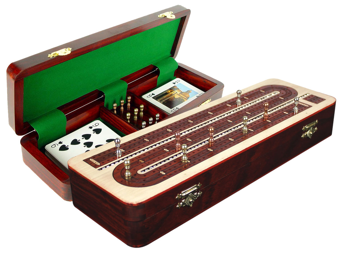 Continuous Cribbage Board Studded with Crystals Similar to Diamonds on Maple Board/Box inlaid with Bloodwood - 3 Track