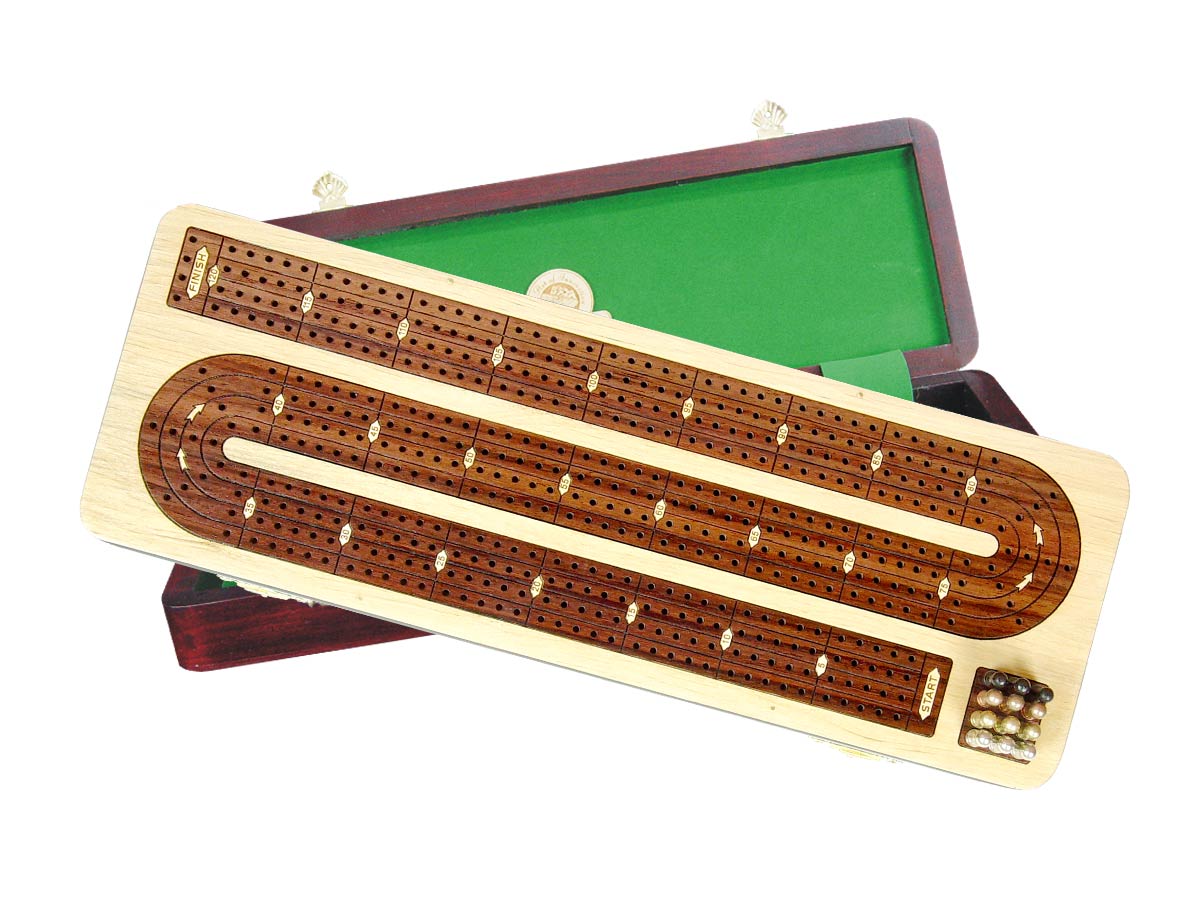 4-Track Continuous Cribbage Board With Side Drawers - Maple & Rosewood Inlaid Game Box
