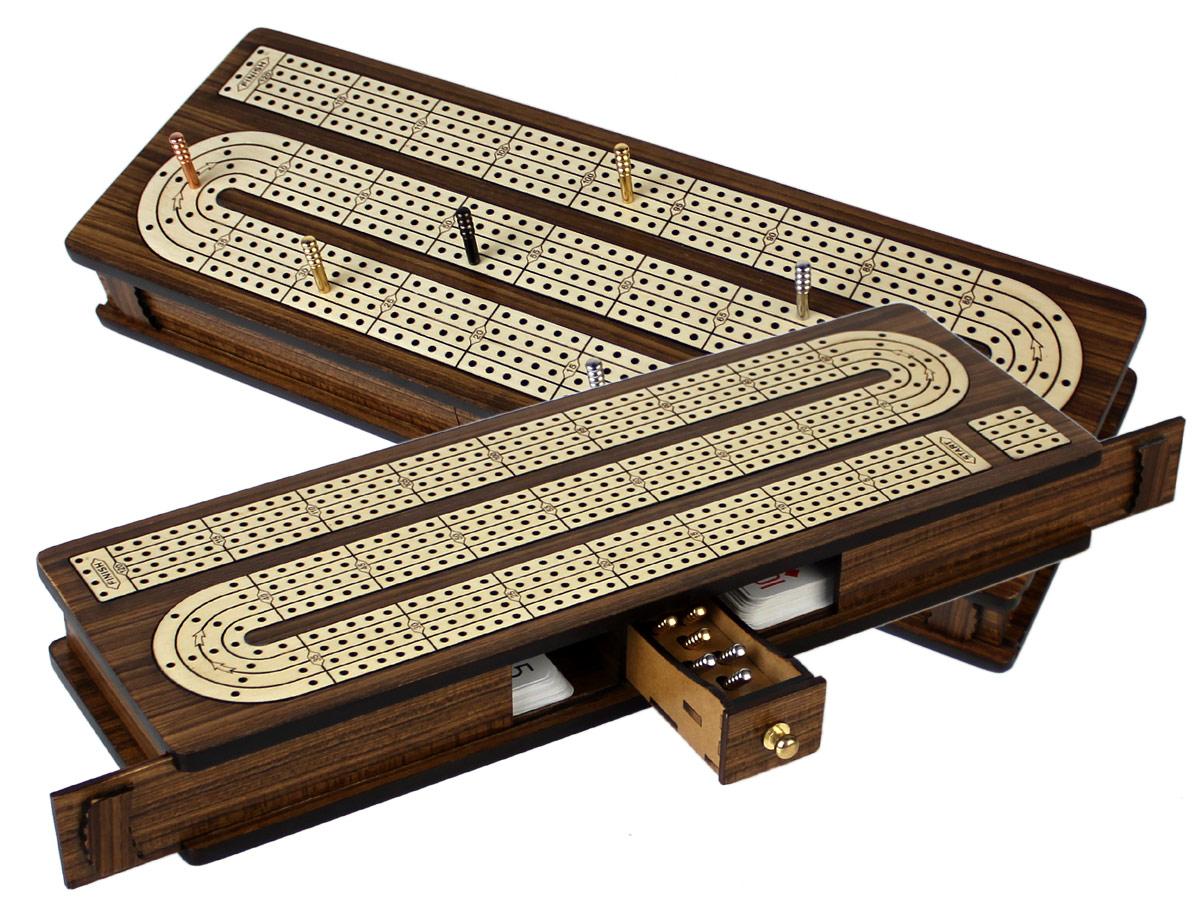 Continuous Cribbage Board Inlaid 4 Tracks Teakwood/Maple with Sliding Lids and Drawer