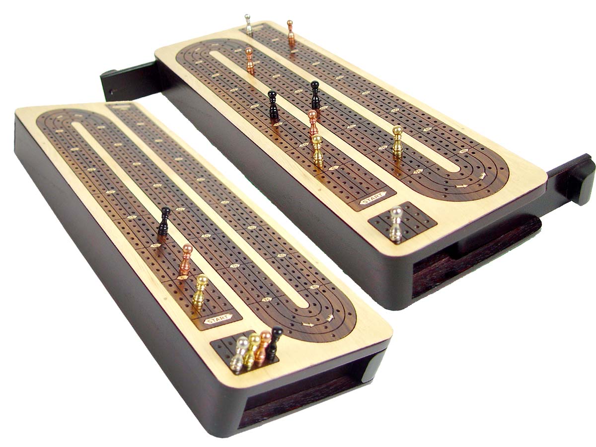 Unique Cribbage Board Continuous 4 Tracks Wood Inlaid with Sliding Lids