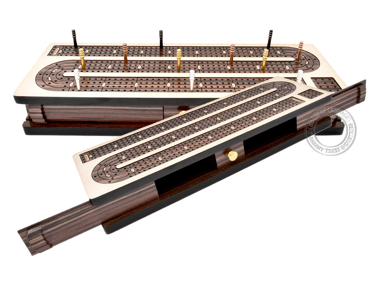 Continuous Cribbage Board Inlaid 4 Tracks Maple/Rosewood with Sliding Lids and Drawer
