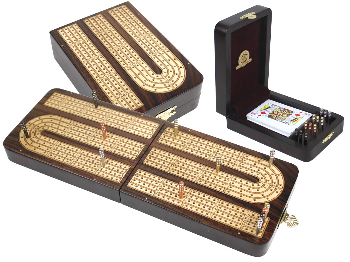 Continuous Cribbage Board Folding Box 4 Tracks Inlaid Rosewood/Maple - 12 Metal Pegs