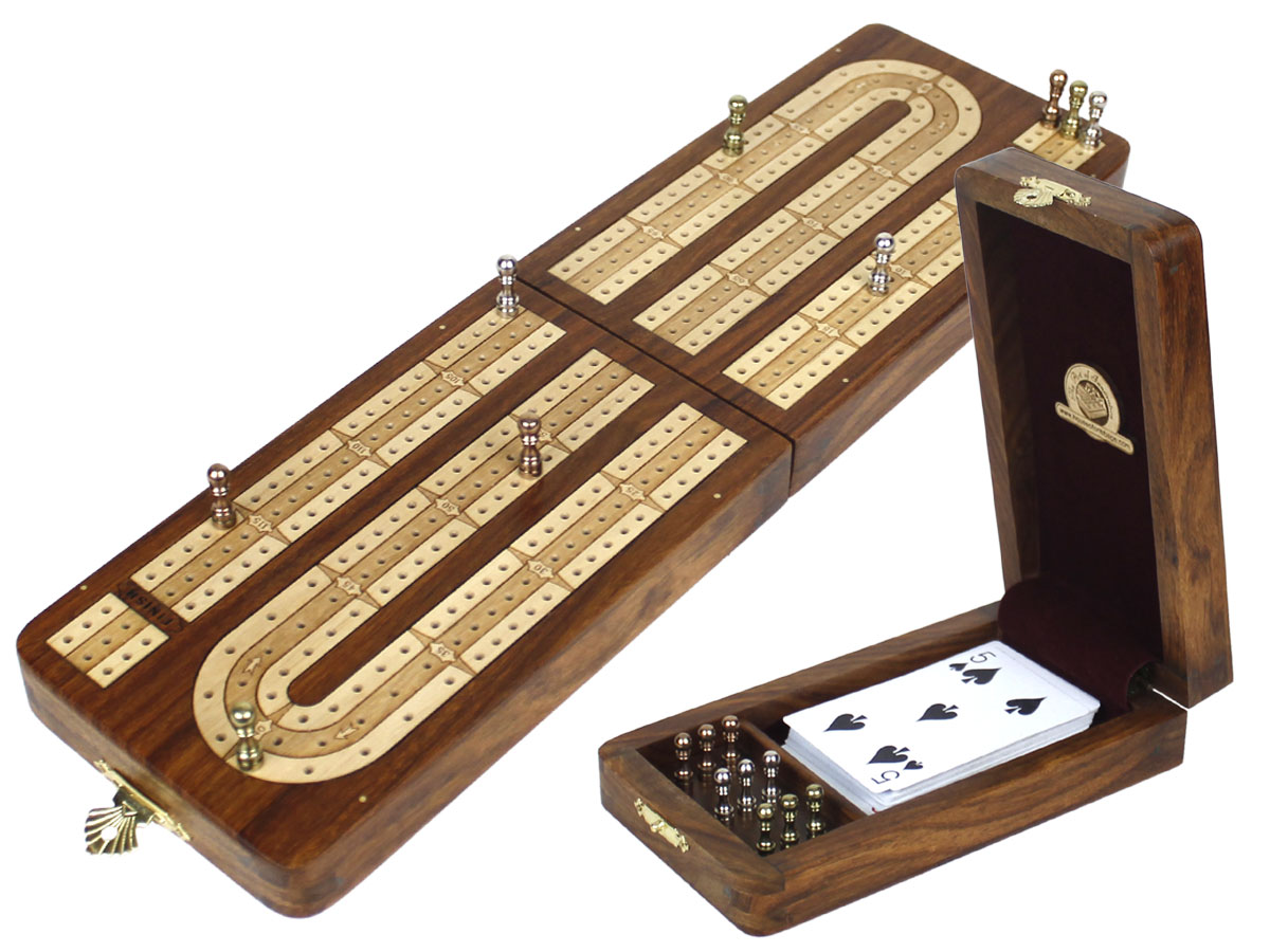 Continuous Folding Cribbage Board - 3 Tracks inlaid with Golden Rosewood / Maple - 9 Metal Pegs