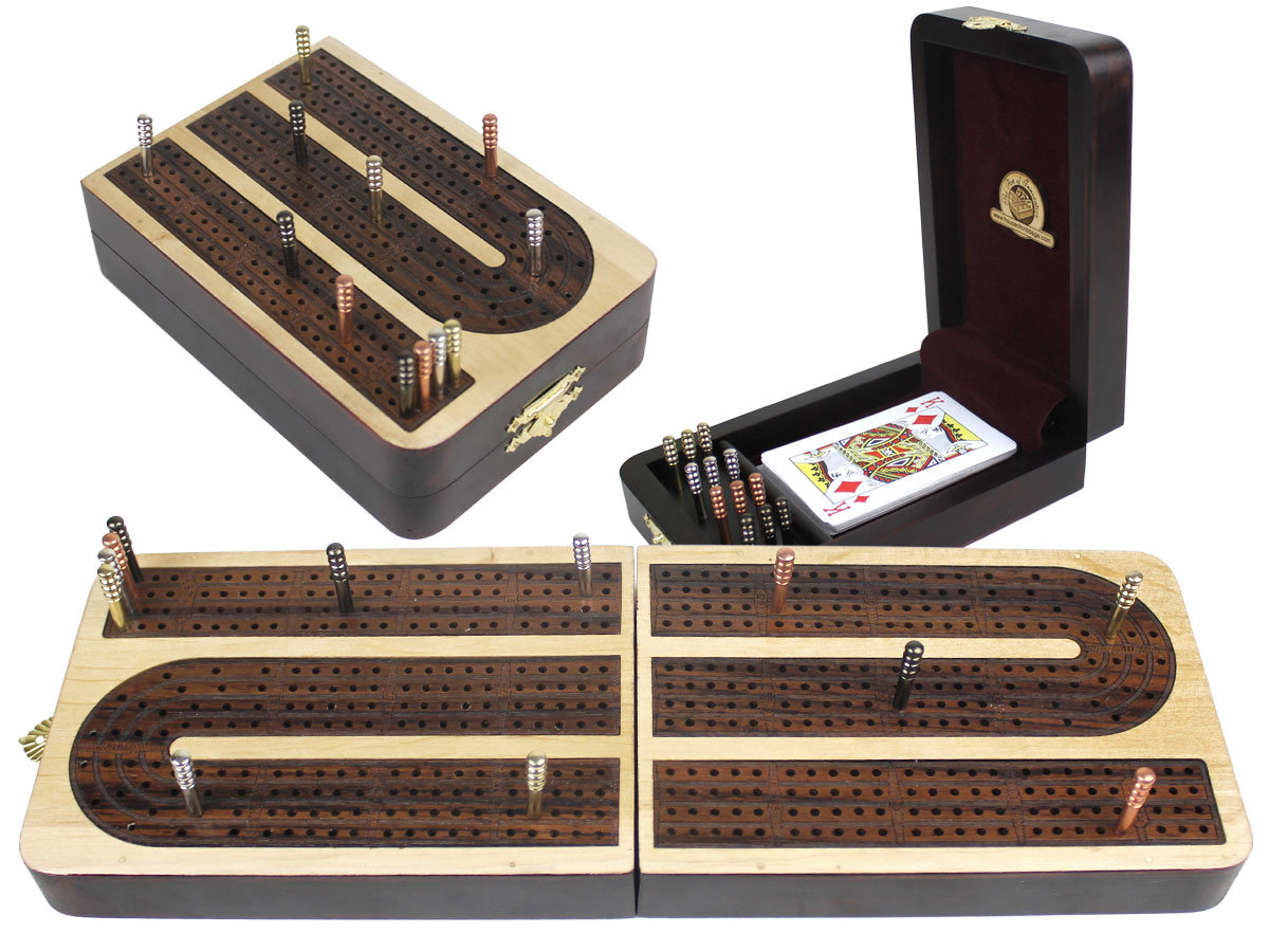 Continuous Cribbage Board Folding Box 4 Tracks Inlaid Maple/Rosewood - 12 Metal Pegs