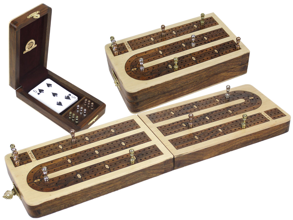 Folding Continuous 3 Tracks Cribbage Board inlaid with Maple / Golden Rosewood - 9 Metal Pegs