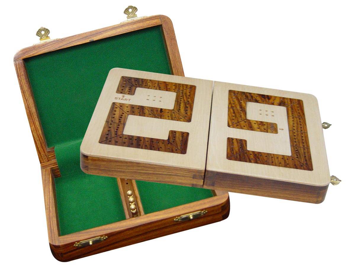29 Cribbage Board / Box Folding - Golden Rosewood inlaid on Maple Ground 10" - 2 Tracks