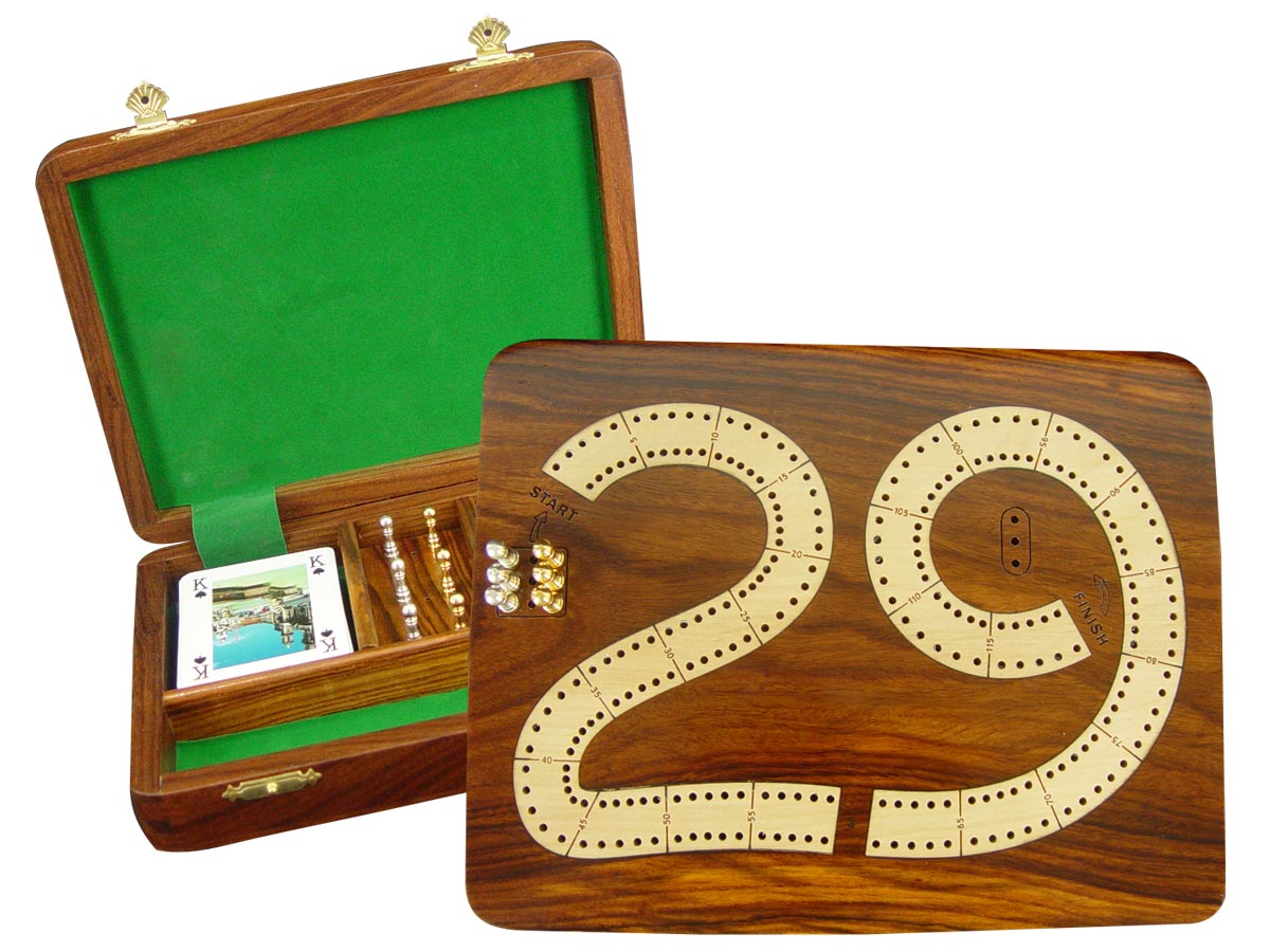 29 Cribbage Board / Flat Box :: Maple Inlaid on Golden Rosewood Ground :: 9" x 7" :: 2 Tracks