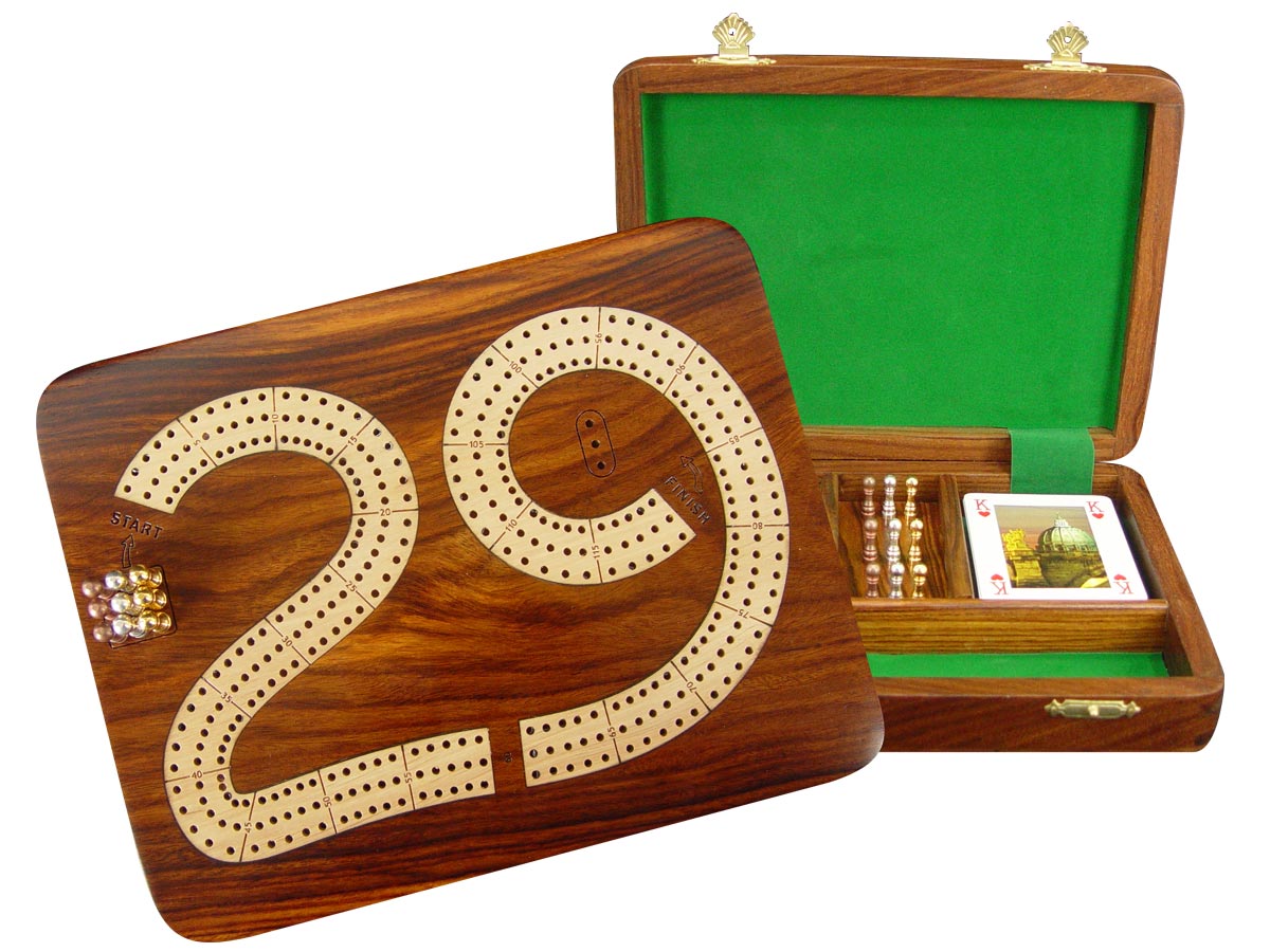 29 Cribbage Board / Flat Box :: Maple Inlaid on Golden Rosewood Ground :: 9" x 7" :: 3 Tracks