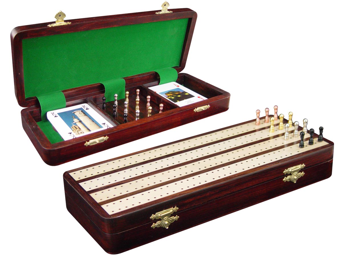 Handmade 4 Track Wooden Cribbage Board / Box Inlaid in Rosewood / White Maple 12" - 12 Metal Pegs
