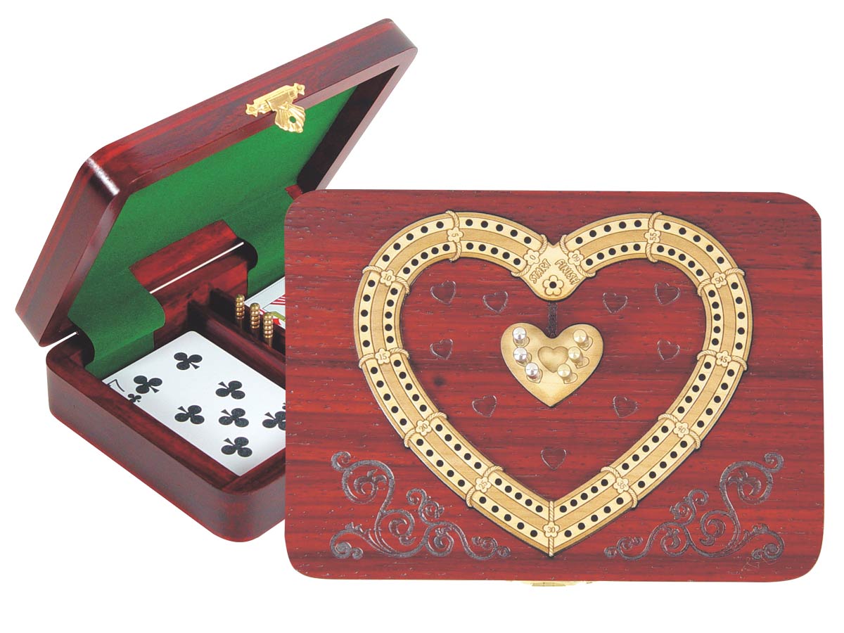 Heart Shape Cribbage Board inlaid with Blood Wood / Maple - 2 Tracks