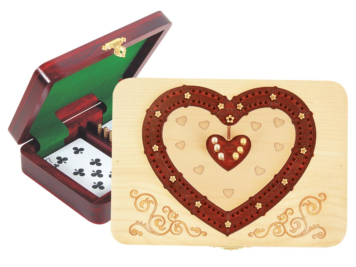 Heart Shape Cribbage Board inlaid with Maple / Blood Wood - 2 Tracks