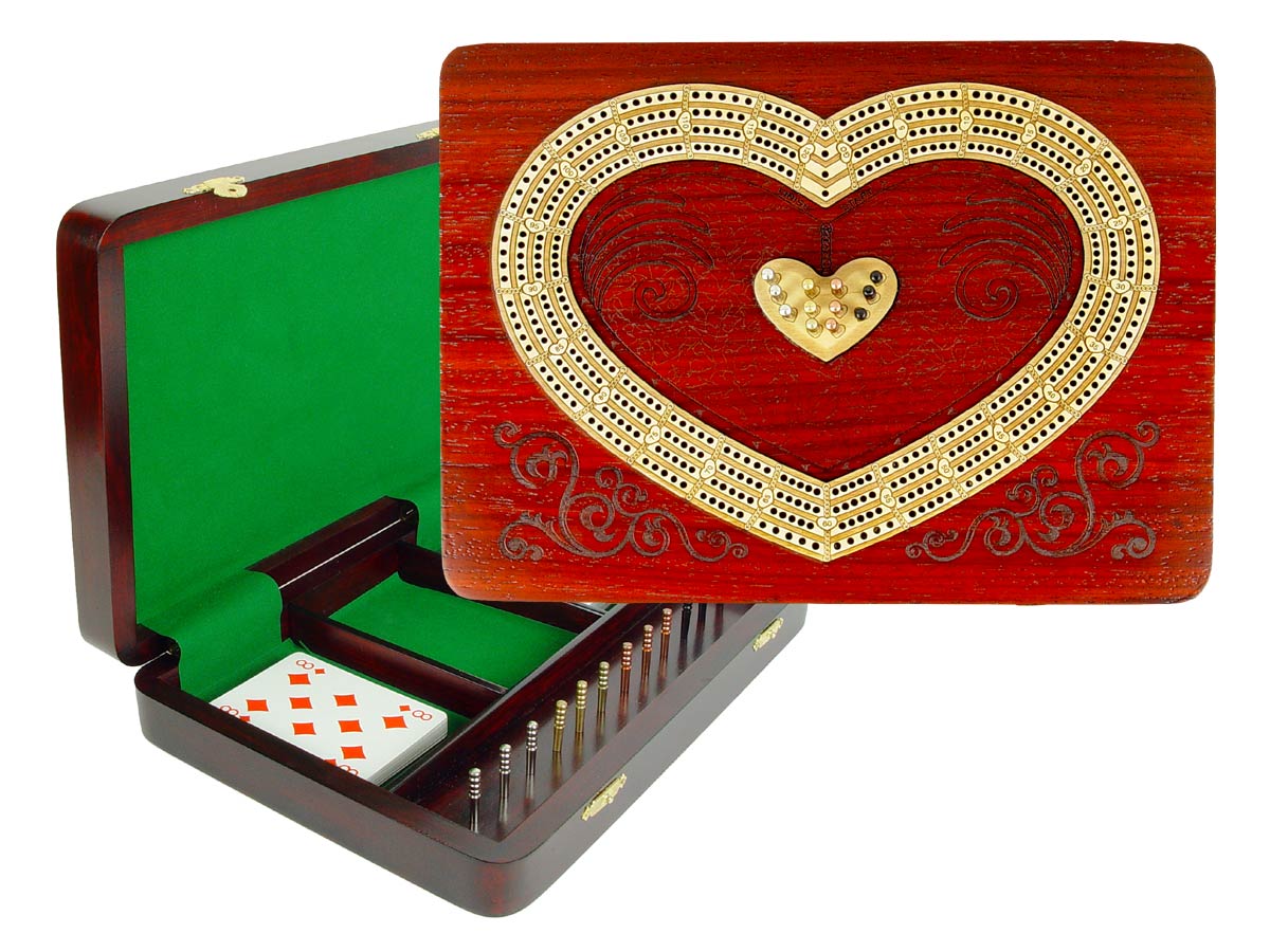 Heart Shape Continuous Cribbage Board : 4 Tracks :: 11" x 8" :: Inlaid with Bloodwood / Maple