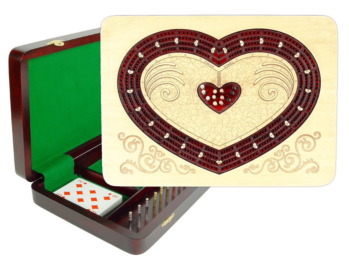 Heart Shape Continuous Cribbage Board : 4 Tracks :: 11" x 8" :: Inlaid with Maple / Bloodwood