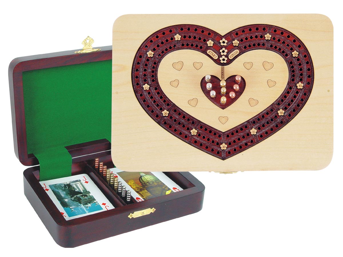 Heart Shape Cribbage Board inlaid with Maple / Bloodwood - 3 Tracks