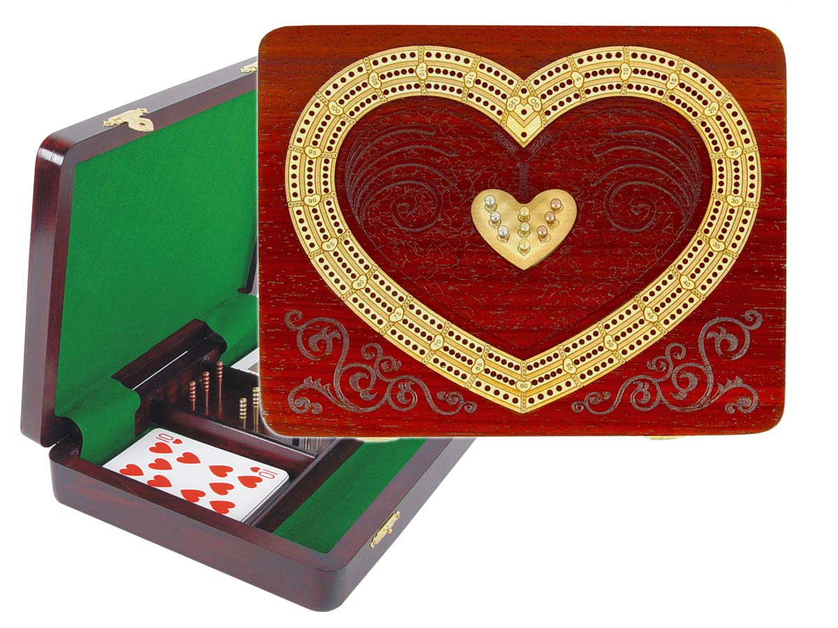 Continuous Cribbage Board / Box inlaid in Blood Wood / Maple - 3 Tracks (Heart Shape) :: 9" x 7"