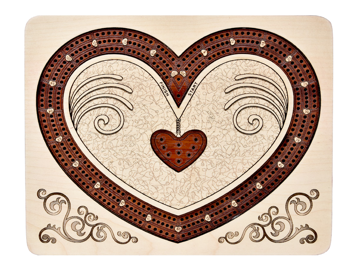 Heart Shape Continuous Cribbage Board inlaid with Maple / Bloodwood - 3 Tracks :: 9" x 7"