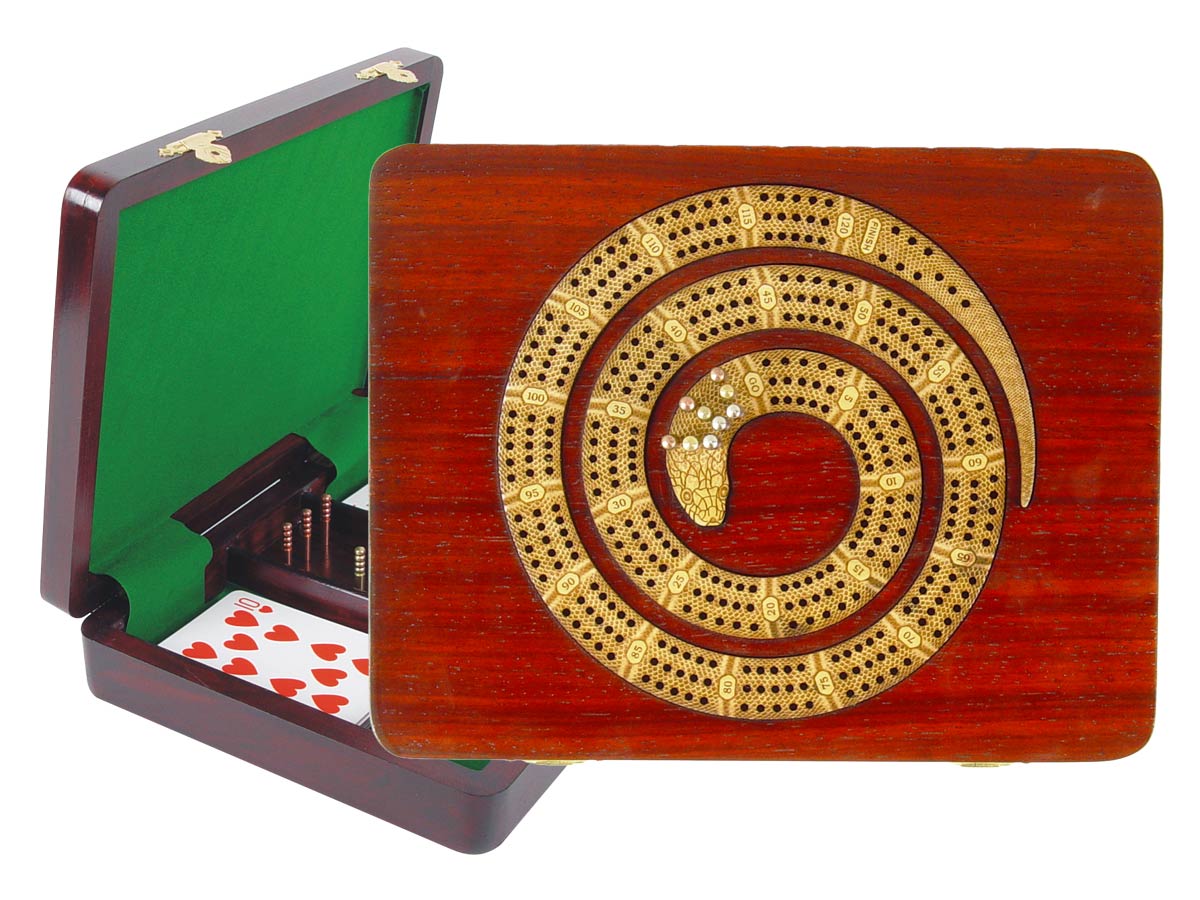 Snake Shape Continuous Cribbage Board in Bloodwood / Maple : 3 Tracks :: 9" x 7"