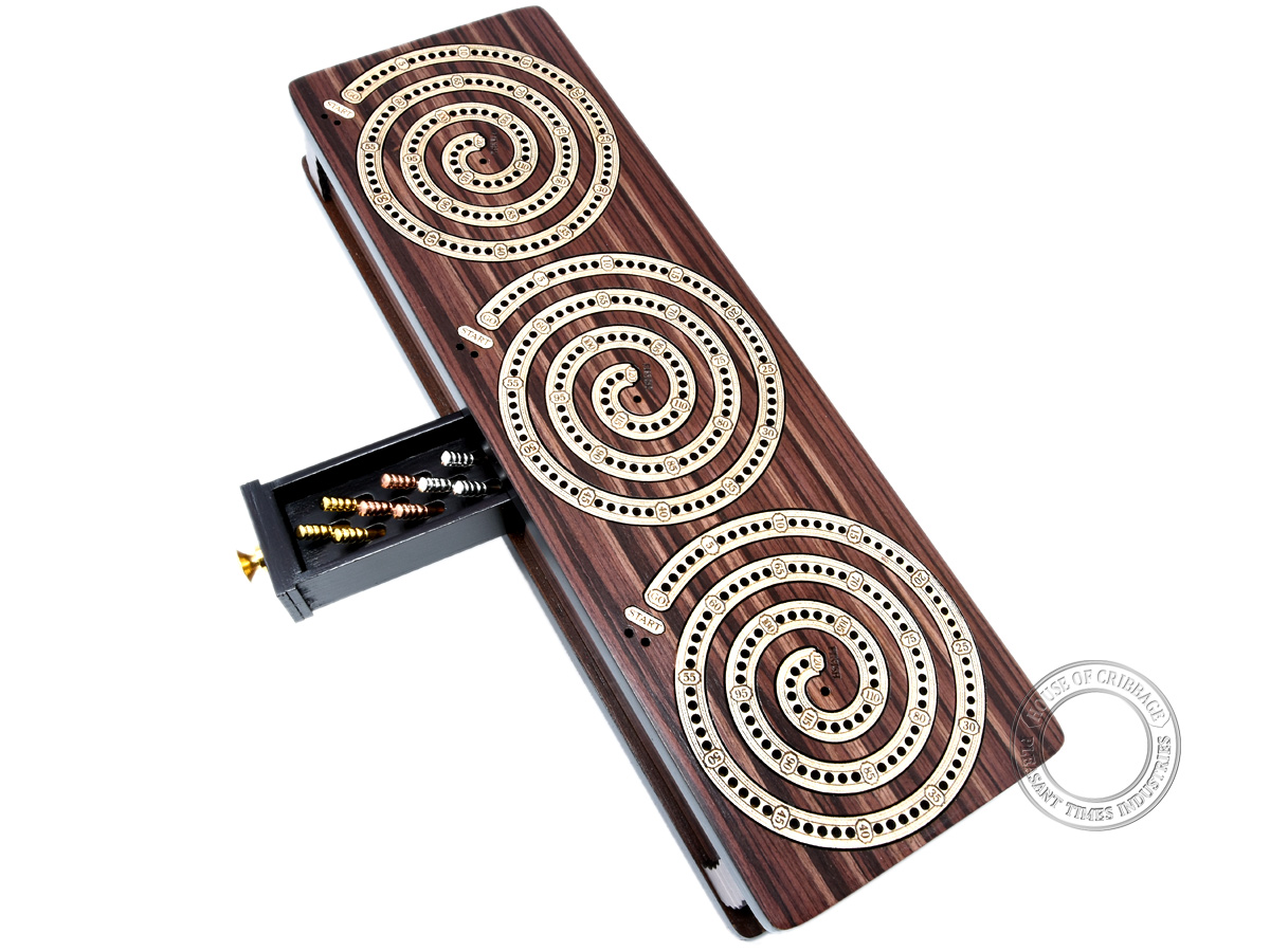 Spiral Design Continuous Cribbage Board / Box inlaid in Rosewood / Maple Wood - 3 Track - Separate Storage Space for Two Deck of Cards & Pegs