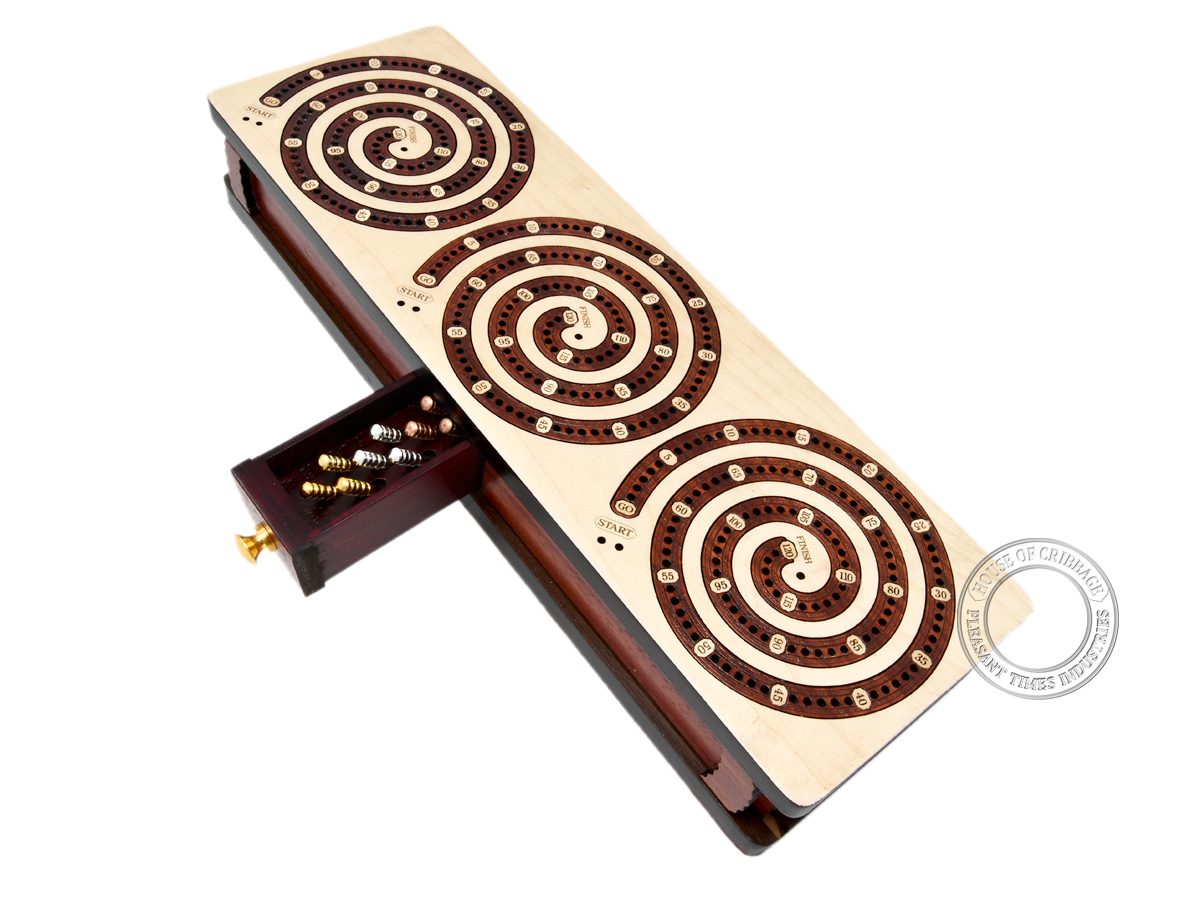 Spiral Design Continuous Cribbage Board / Box inlaid in Maple Wood / Bloodwood - 3 Track - Separate Storage Space for Two Deck of Cards & Pegs