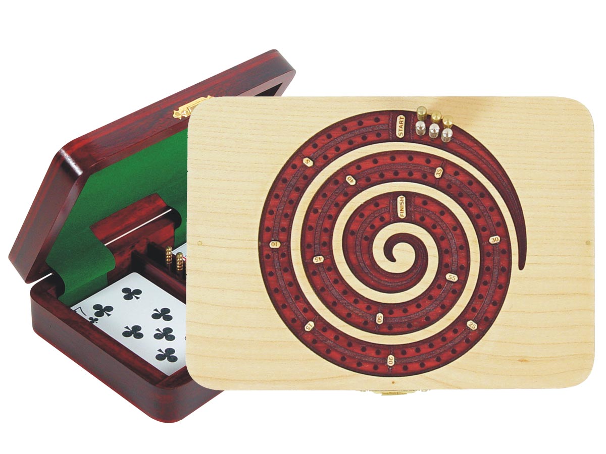 Wooden Spiral Shape Cribbage Board inlaid with Maple / Bloodwood - 2 Tracks