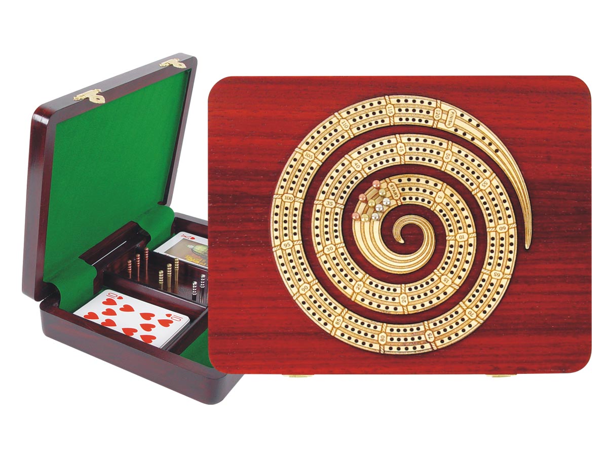 Continuous Cribbage Board Spiral Shape in Bloodwood / Maple :: 3 Tracks :: 9" x 7"