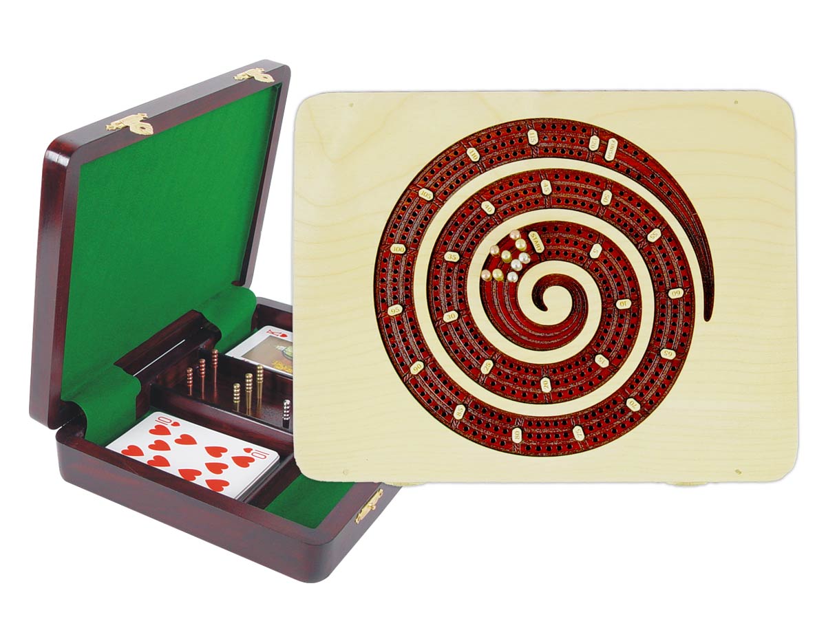 Cribbage Board Spiral Shape Continuous - 3 Tracks inlaid with Maple / Bloodwood :: 9" x 7"