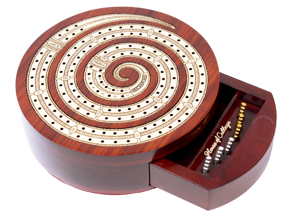 Spiral Shape 2 Track Non-Continuous Cribbage Board - Push Drawer Storage for Pegs and Cards with Score Marking Fields for Won Games Blood Wood / Maple Wood