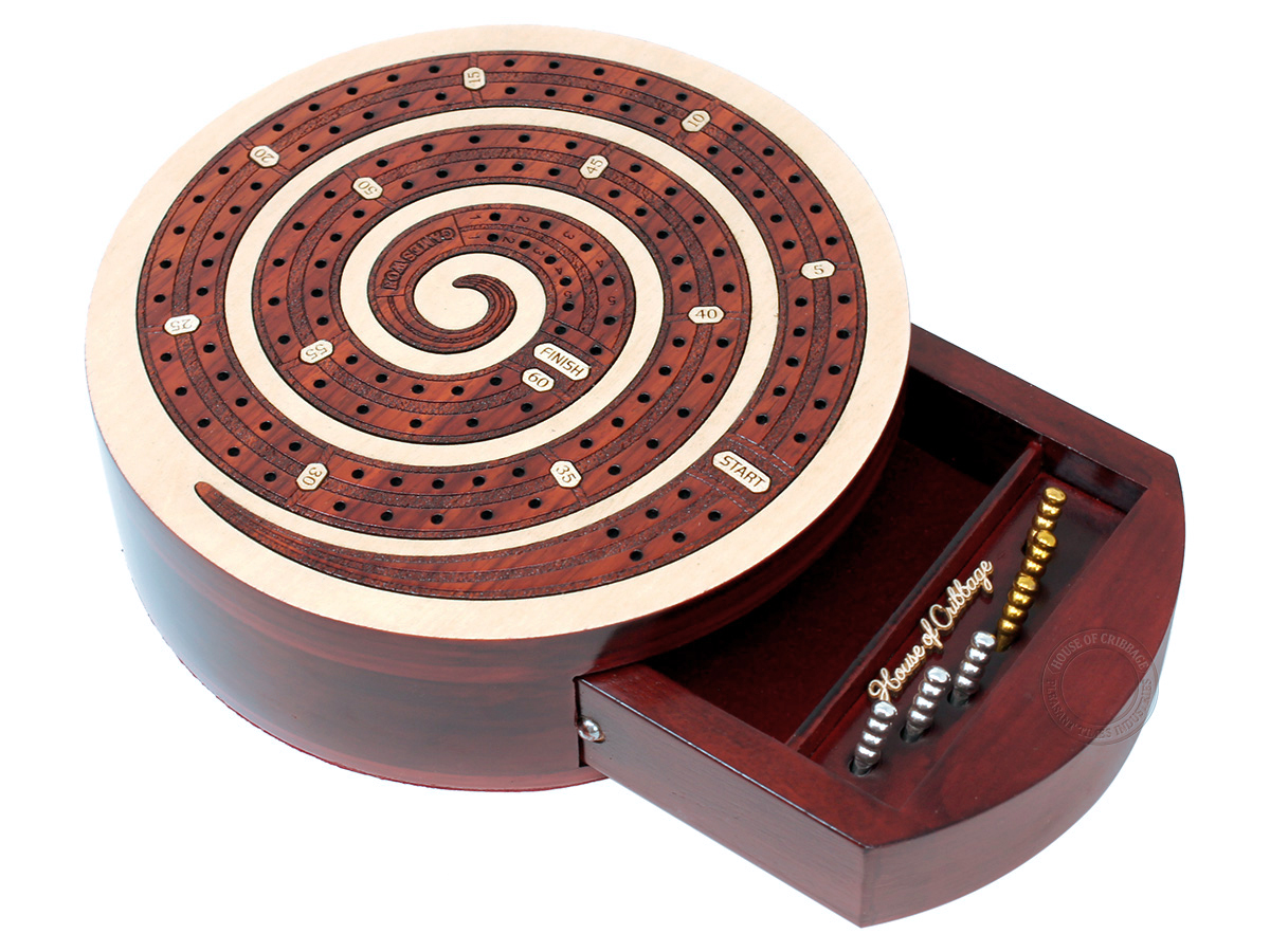 Spiral Shape 2 Track Non-Continuous Cribbage Board - Push Drawer Storage for Pegs and Cards with Score Marking Fields for Won Games Maple Wood / Blood Wood