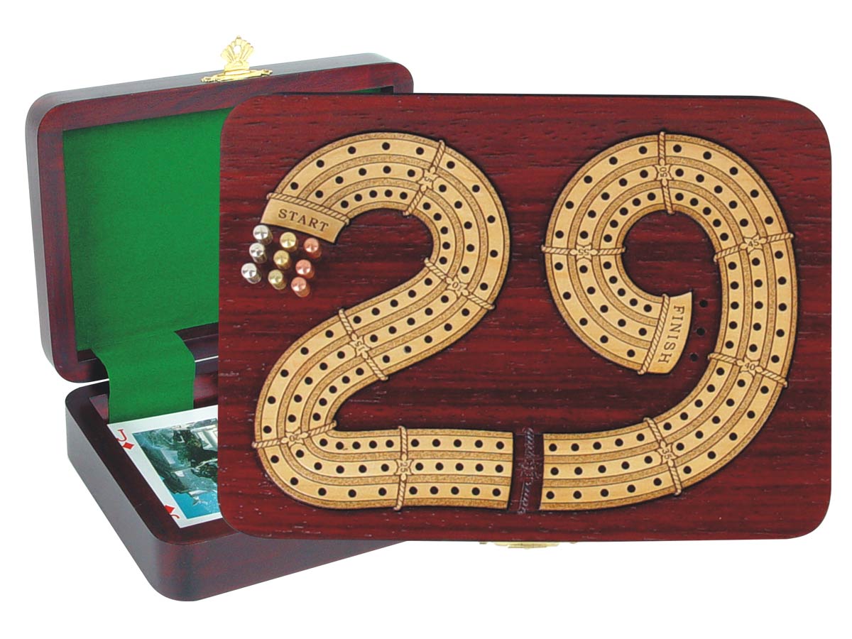 29 Cribbage Board inlaid in Blood Wood / Maple - 3 Tracks :: 7" x 5"