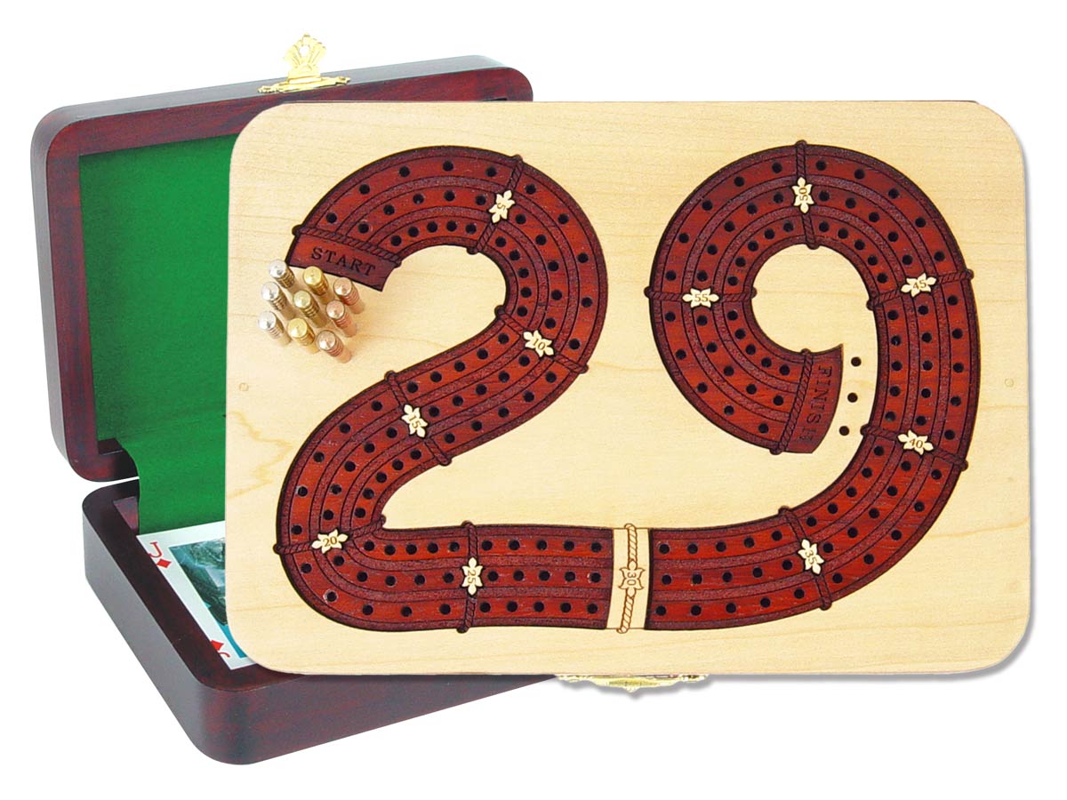 29 Cribbage Board inlaid with Maple / Bloodwood : 3 Tracks :: 7" x 5"