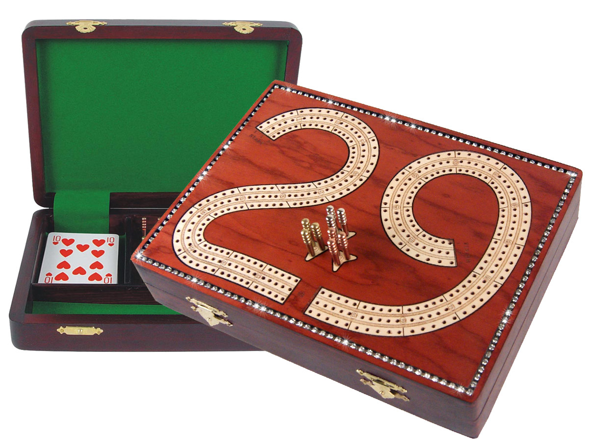29 Cribbage Board Studded with Crystals Similar to Diamonds on Bloodwood Box :: 9" x 7" :: 3 Tracks