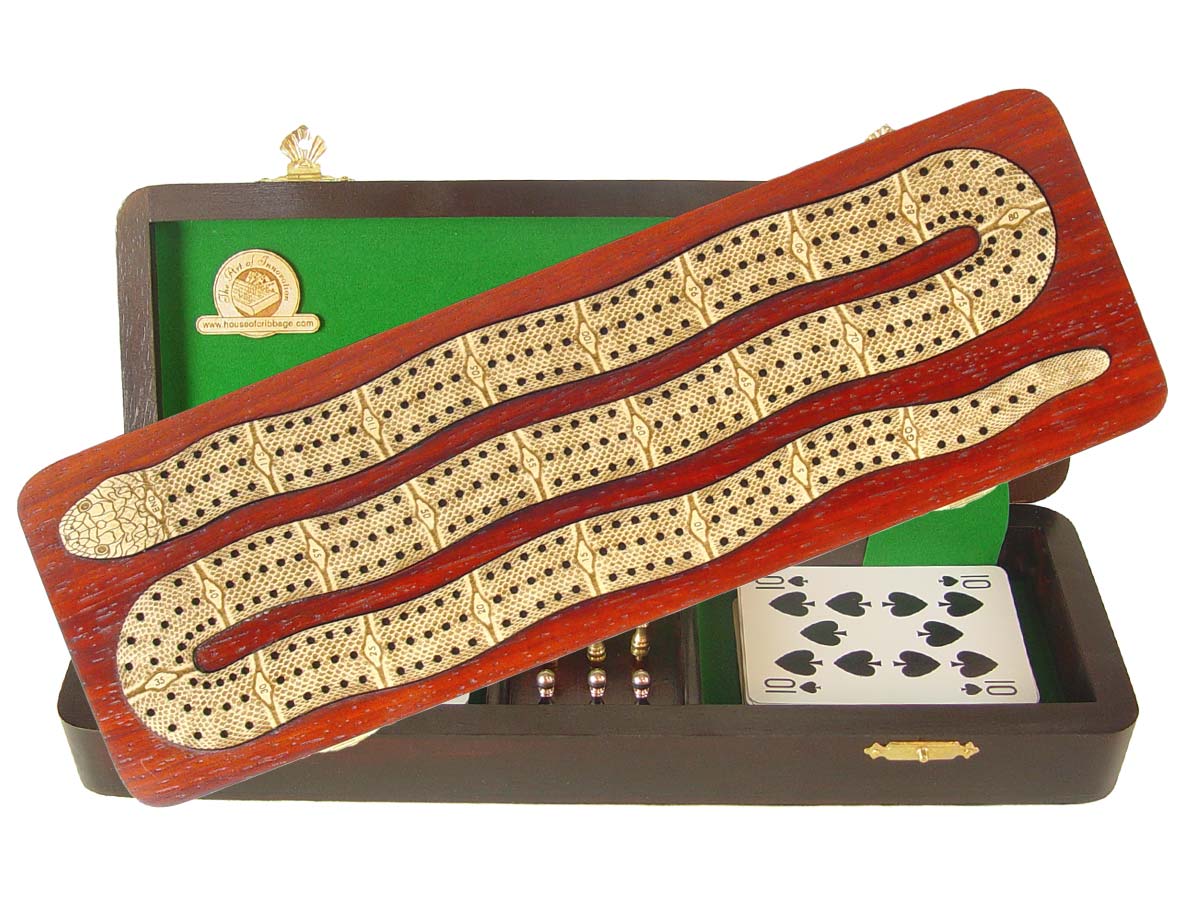 Snake Shape Continuous Cribbage Board inlaid with Bloodwood / Maple - 3 Tracks :: 12"