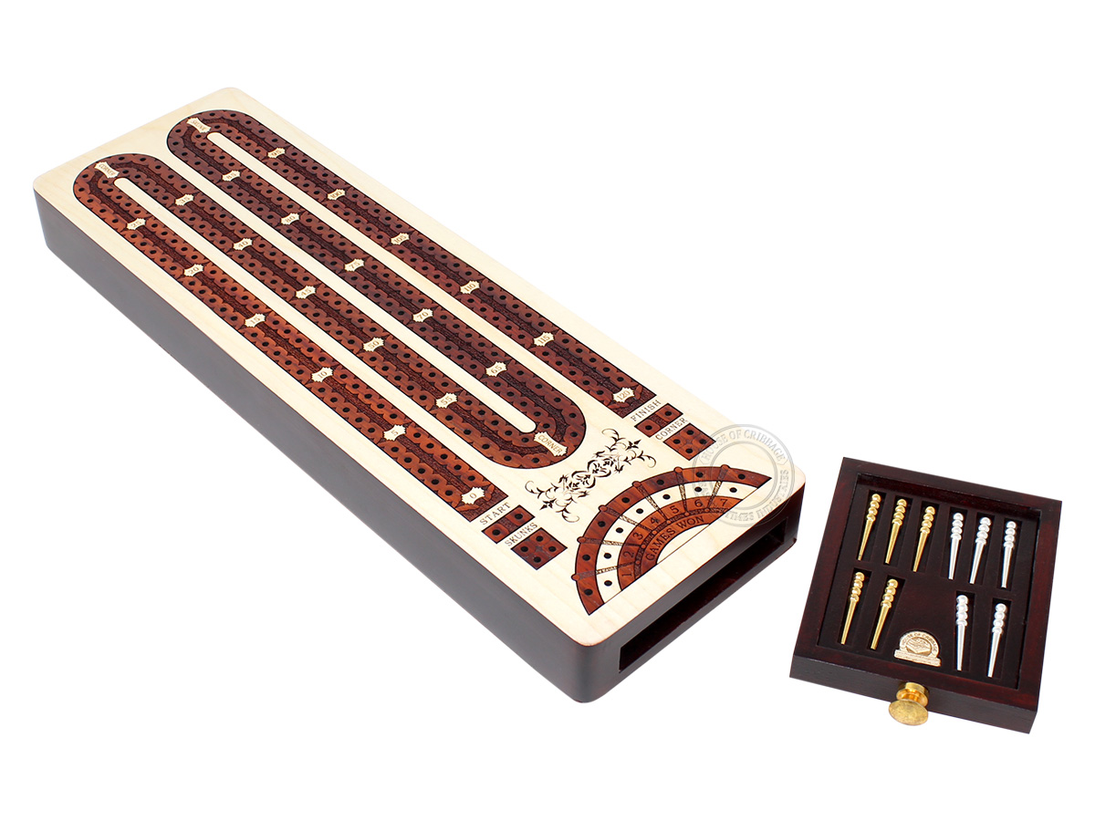 2 Track Continuous Cribbage Board Inlaid in Bloodwood - Storage Drawer for Cribbage Pegs and Score Marking Fields for Skunks, Corners and Won Games
