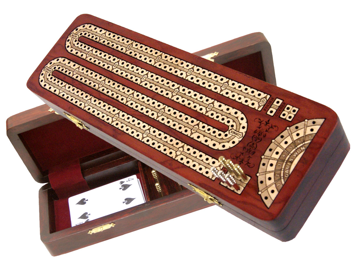Continuous Cribbage Board inlaid with Bloodwood / Maple : 2 Tracks with place to mark won games