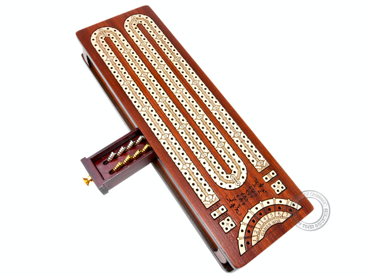 Continuous Cribbage Board / Box inlaid in Bloodwood / Maple : 2 Track - Sliding Lid with Score marking fields for Skunks, Corners and Won Games