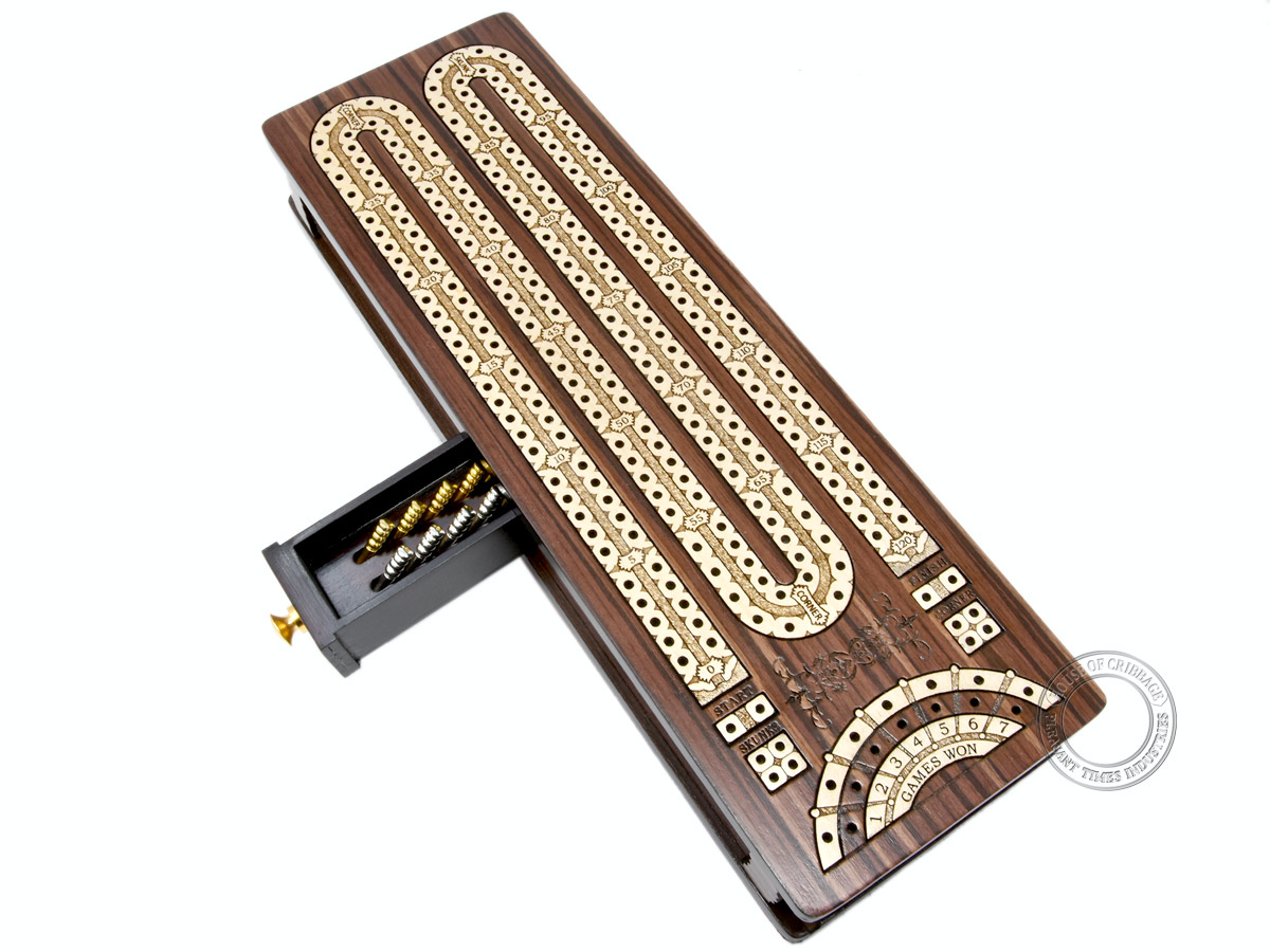 Continuous Cribbage Board / Box inlaid in Rosewood / Maple : 2 Track - Sliding Lid with Score marking fields for Skunks, Corners and Won Games