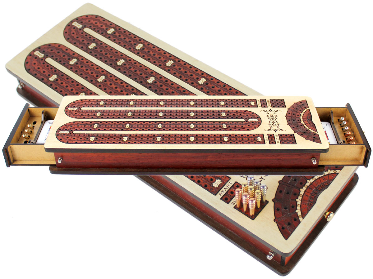 Continuous Cribbage Board Maple / Bloodwood and Side Drawers : 3 Tracks with place to mark won games