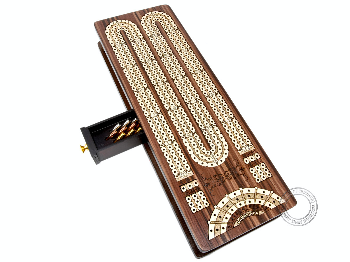 Continuous Cribbage Board / Box inlaid in Rosewood / Maple : 3 Track - Sliding Lid with Score marking fields for Skunks, Corners and Won Games