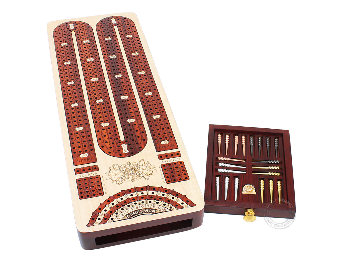 4 Track Continuous Cribbage Board Inlaid in Bloodwood - Storage Drawer for Cribbage Pegs and Score Marking Fields for Skunks, Corners and Won Games